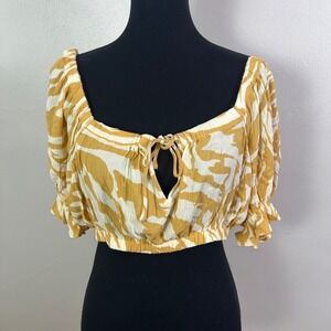 HM Conscious Yellow Zebra Print Crop Top Off Shoulder Tie Front Size M NWT